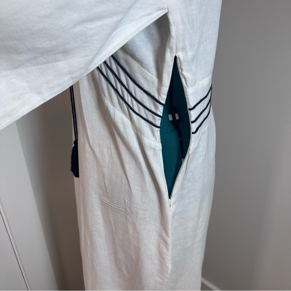 White Maxi Dress with Navy Trim and Tassel Tie - Picture 10 of 13